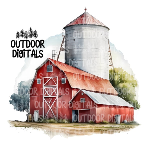 Red Barn Silo PNG, Watercolor Red Barn Clip Art, Old Red Barn Wall Art, Farm Sublimation PNG, Farm Nursery Art, Commercial Use Farm Graphics