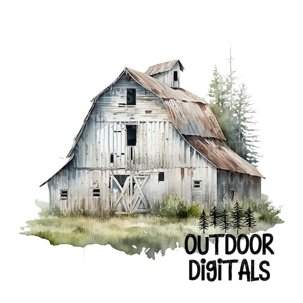 Rustic Old Barn PNG, Watercolor Barn Clip Art, Old Barn Wall Art, Farm Sublimation PNG, Farm Nursery Art, Commercial Use Farm Graphics