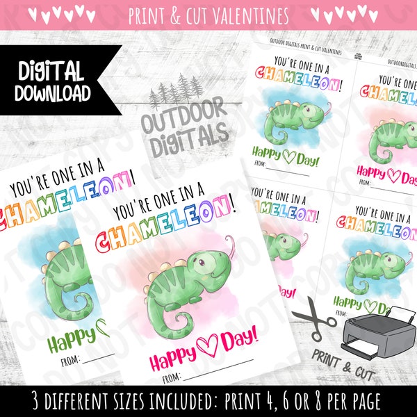 Printable Chameleon Valentine's Day Cards | Digital Download | Kids Printable Valentine's | Chameleon Valentines | Print & Cut Valentines