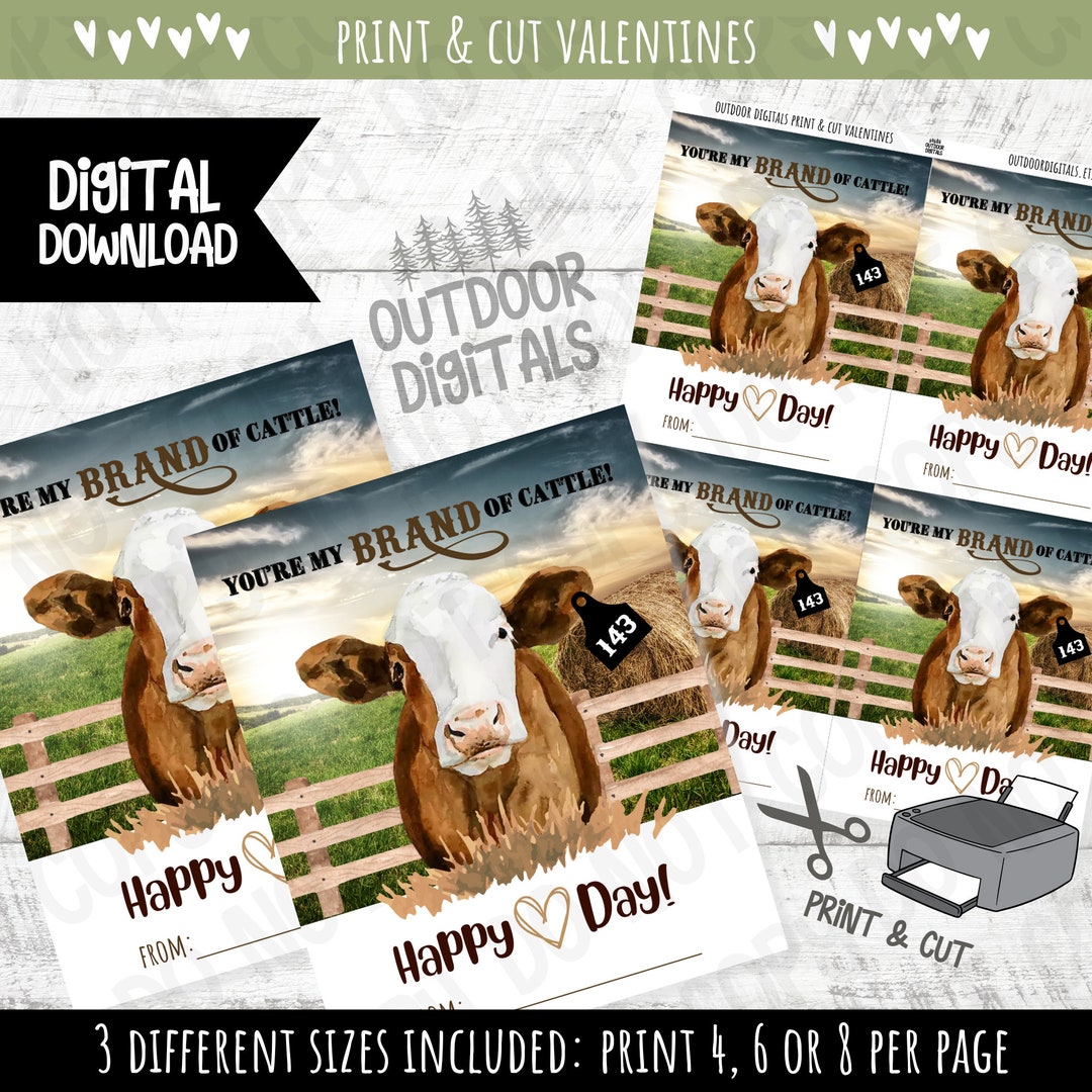 Printable Cattle Valentine's Day Cards  Digital Download