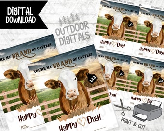 Printable Cattle Valentine's Day Cards | Digital Download | Kids Printable Valentine's | Farm Valentines | Print & Cut Valentines