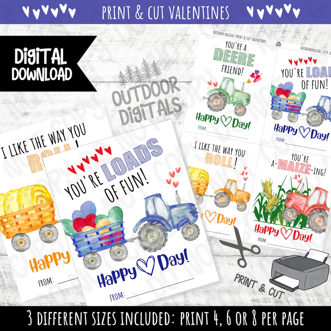 Printable Tractor Valentine's Day Cards Digital Download