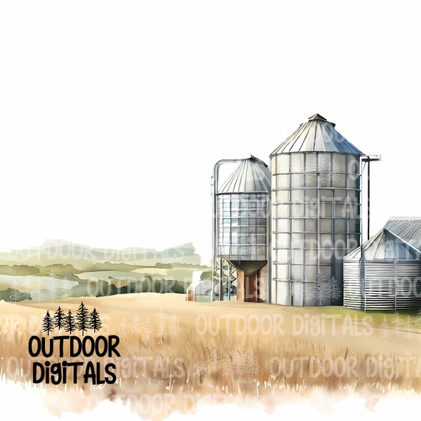 Grain Silo PNG, Watercolor Silo Clipart, Silo Wall Art, Silo Sublimation PNG, Grain Silo Art, Farm Nursery Art, Commercial Use Silo Graphics