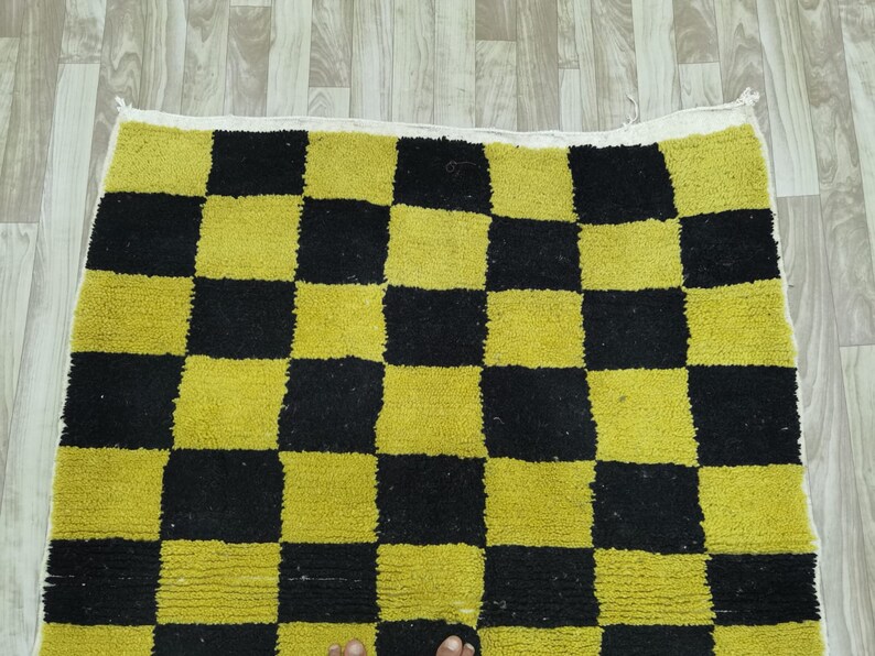 Black and Yellow Berber Checkered Area Rug, Beni Ourain Rug, Moroccan
