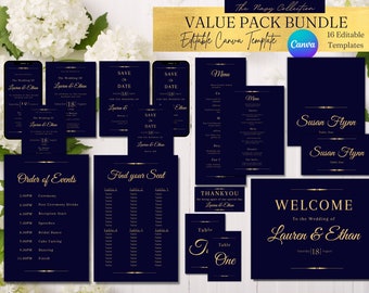 Wedding Stationary Bundle, Invitation Suite Editable Templates, Navy Copper Digital Wedding Invite Value Pack Template Navy Blue Value Pack