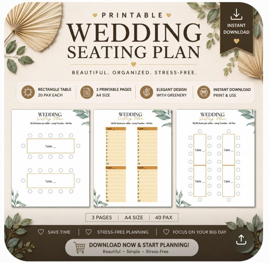 Wedding Table Seating Plan, 20-40 Guests (printable Download) - Etsy