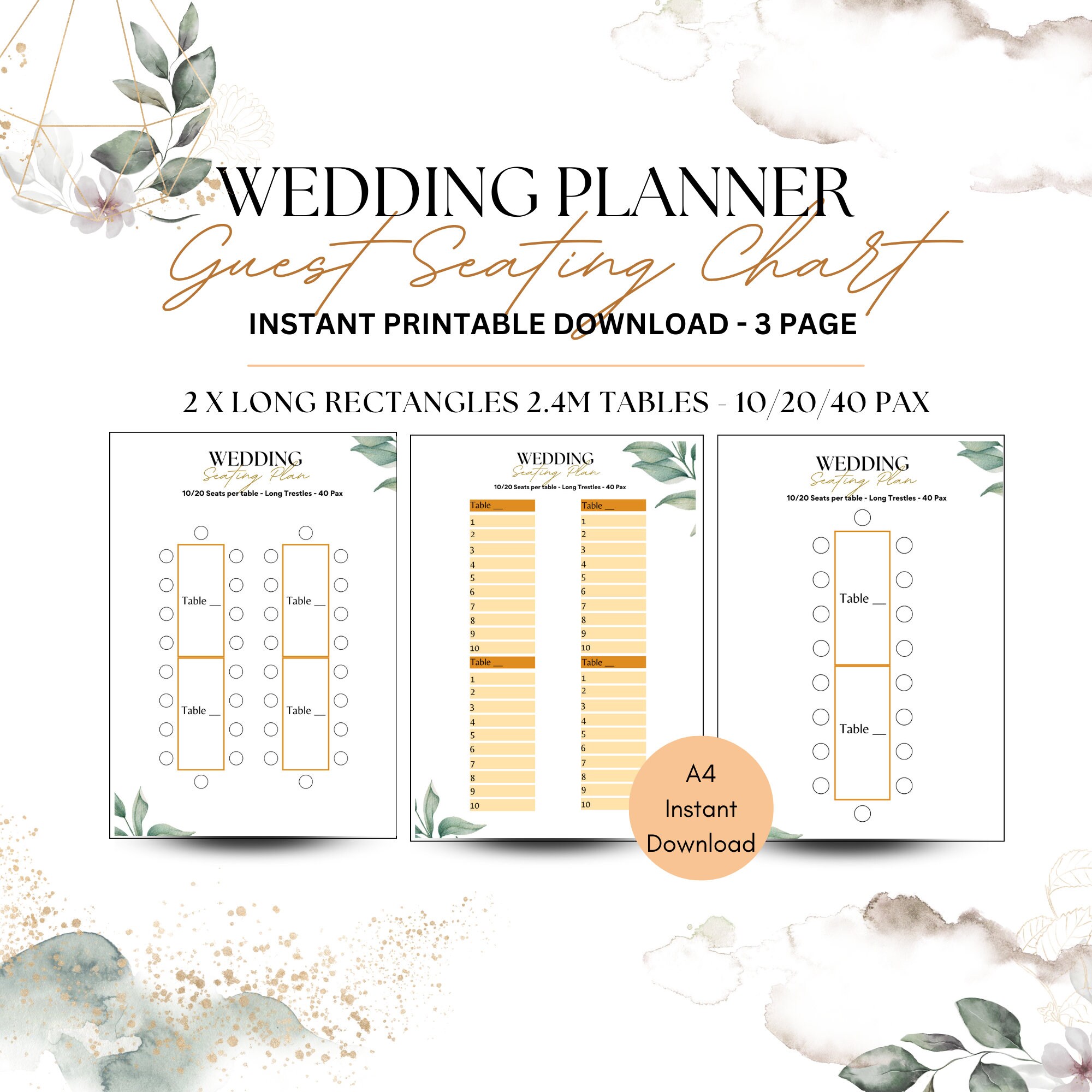 Table Seating Plan Chart Long 20 40 Pax Rectangle Table Guest Names ...