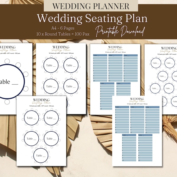 Table Seating Chart Planner for 100 Pax Round Table Plan, Wedding Table Display, Navy Seat Chart Organisation Planner Book Printable PDF