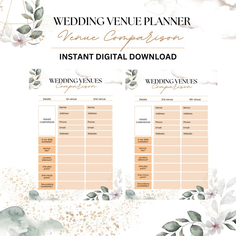 Wedding Venue Comparison Template Sheet for Wedding Day Event Checklist