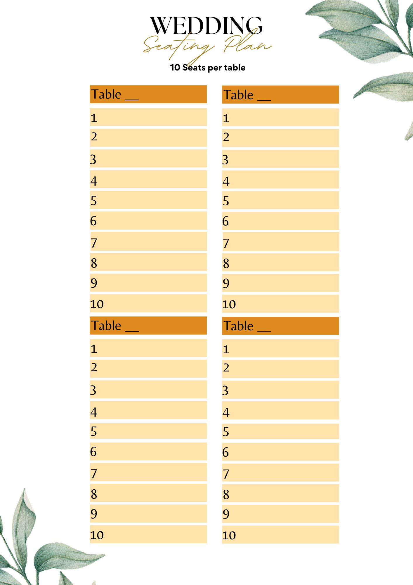 Table Seating Chart Planner for 10 - 100 Table Plan, 10 Seats Table ...