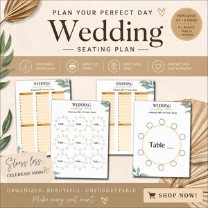 May include: A printable wedding seating plan template set featuring four pages with layouts for nine round tables and ninety guests. The documents include lists and circular diagrams with table labels, decorated with green leaf illustrations.