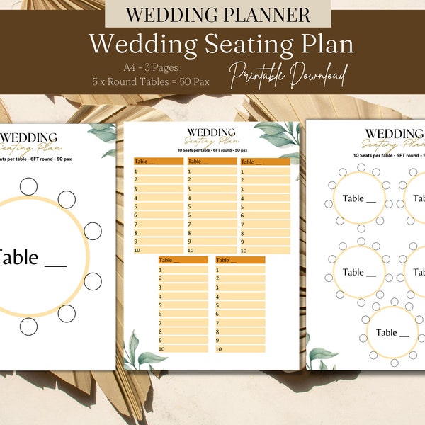 Wedding Table Seating Chart 50 Pax Round Table Display for Guest Names Seating Chart Organisation Planner Book PDF Guest Seating Plan