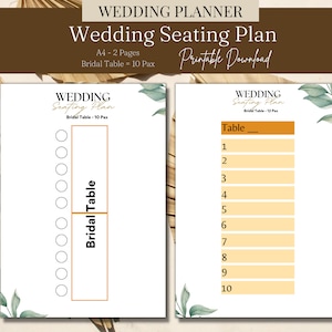 Table Plan Printable Bridal Table Wedding Planning Seating Plan Chart 10 people for Guest Names Seating Planners Event Planning PDF