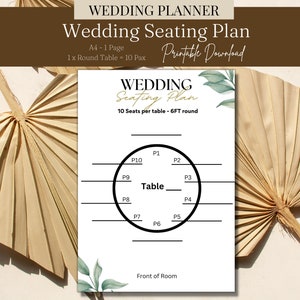 Peut inclure: Un modèle de plan de placement imprimable pour un mariage avec un cercle noir représentant une table ronde de 1,8 mètre. Le tableau est intitulé "Plan de placement de mariage" et comprend 10 emplacements numérotés autour de la table pour les invités.