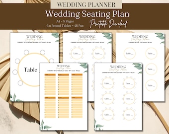 May include: Printable wedding seating plan template with six round tables, each with space for eight guests. The template includes a table layout and a guest list section. The design features a light green and yellow color scheme with floral accents.