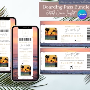 May include: A collection of boarding pass templates featuring a sunset beach design. The templates include "Save the Date" and "You are Invited" options, with space for names, dates, and flight details. The design is editable using Canva.