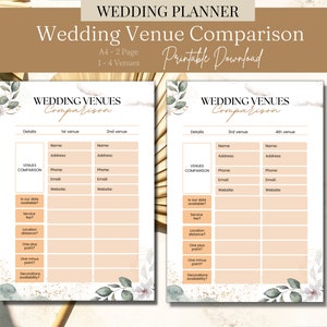 Puede incluir: Lista de comparación de lugares de boda imprimible con secciones para detalles, nombre del lugar, dirección, teléfono, correo electrónico, sitio web, disponibilidad de nuestra fecha, tarifa de servicio, distancia del lugar, un punto positivo, un punto negativo y disponibilidad de decoraciones. La lista está diseñada para comparar hasta cuatro lugares.