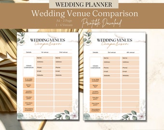 May include: Printable wedding venue comparison checklist with sections for details, venue name, address, phone, email, website, is our date available, service fee, location distance, one plus point, one minus point, and decorations availability. The checklist is designed for comparing up to four venues.