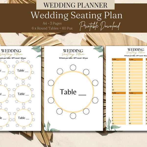 Wedding Planning Seating Plan Chart 60 Pax Round Table Display for Guest Names Seating Planners Draft Instant Printable Download Bride Groom