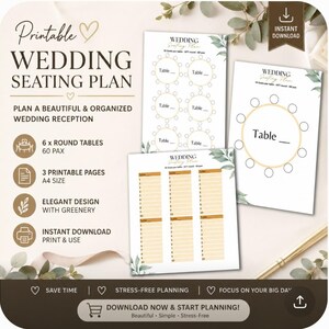 May include: A printable wedding seating plan template featuring three A4 pages with greenery accents. The set includes layouts for six round tables, seating for 60 guests, and organized lists for table assignments with a clean, white background design.