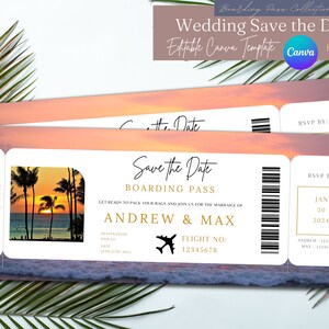 May include: Two boarding pass-style wedding Save the Date cards. Each card features a sunset beach scene with palm trees. The text includes "Save the Date," names "Andrew & Max," and a date. The cards are 21.6cm x 8.9cm.