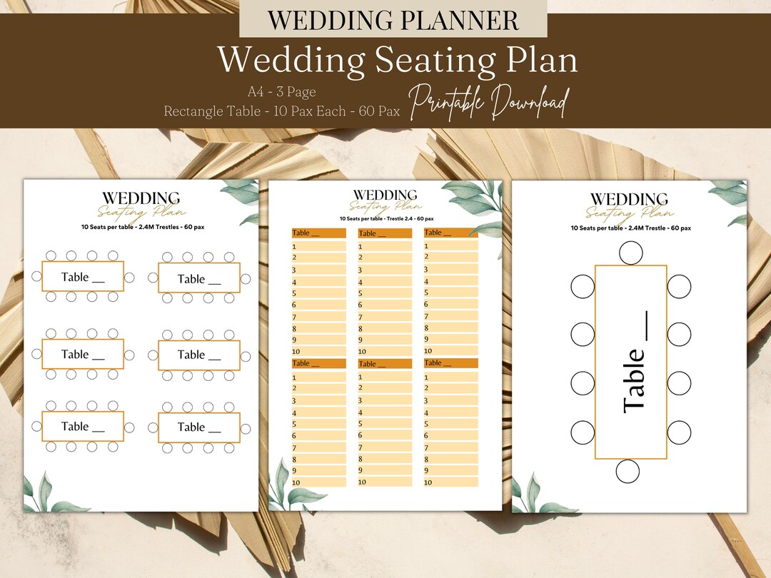 Wedding Seating Plan Chart 60 Pax Rectangle Table Guest Names Seating