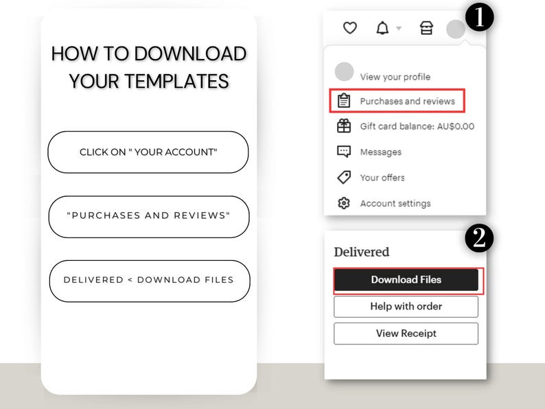 May include: A screenshot of a website showing instructions on how to download digital templates. The instructions are to click on "Your Account", then click on "Purchases and Reviews". Once the files are delivered, click on "Download Files".