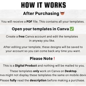 May include: A digital product guide explaining how to use Canva templates. The guide includes instructions on how to open the templates, create a free Canva account, edit the templates, and save the designs. It also notes that the templates only work on Canva on a desktop computer.