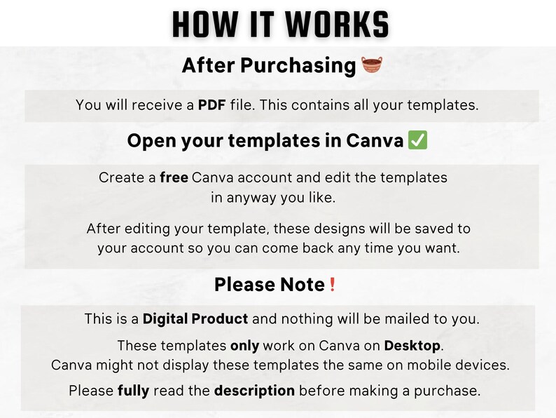 May include: A digital product guide explaining how to use Canva templates. The guide includes instructions on how to open the templates, create a free Canva account, edit the templates, and save the designs. It also notes that the templates only work on Canva on a desktop computer.