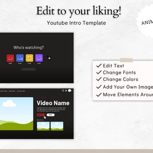 May include: Animated YouTube intro template with a black background and a customizable video player. The template includes a counter for viewers, a title area, and a section for adding images. The text "Edit to your liking!" is displayed at the top of the image.