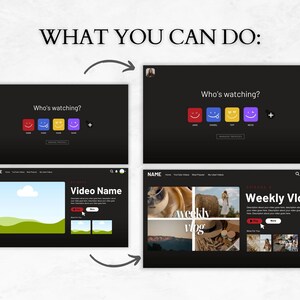 May include: A screenshot of a website showing different features of a video platform. The website has a dark background with white text. The features include a video player, a section to add a video name, a section to add a description, and a section to add a weekly vlog.