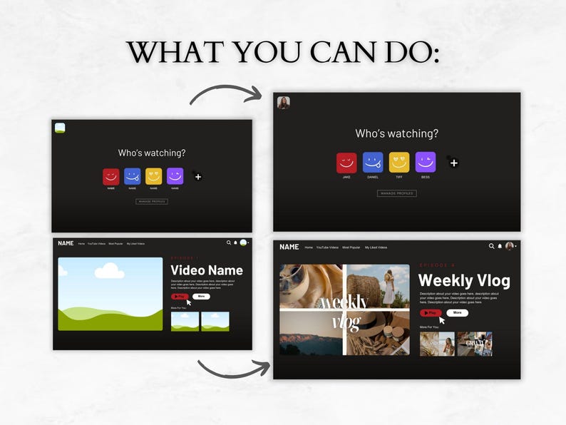May include: A screenshot of a website showing different features of a video platform. The website has a dark background with white text. The features include a video player, a section to add a video name, a section to add a description, and a section to add a weekly vlog.