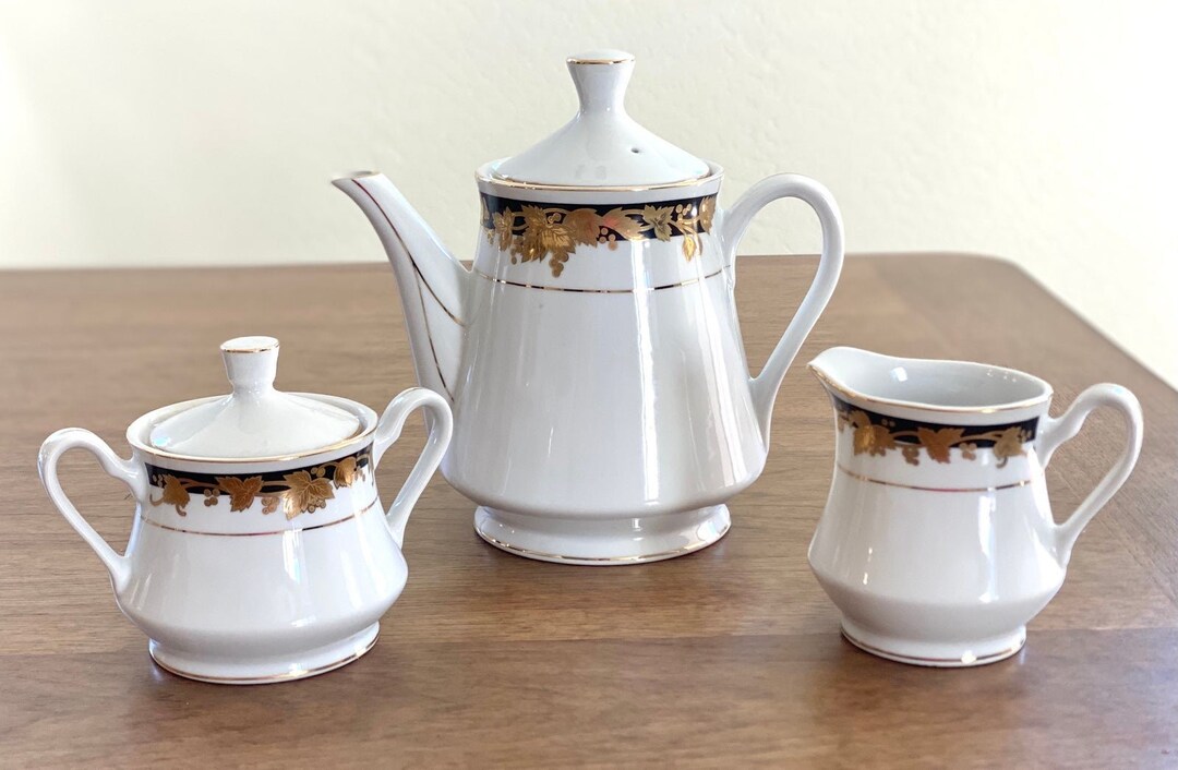 Vintage Teapot With Sugar and Creamer Set Black and Gold Etsy