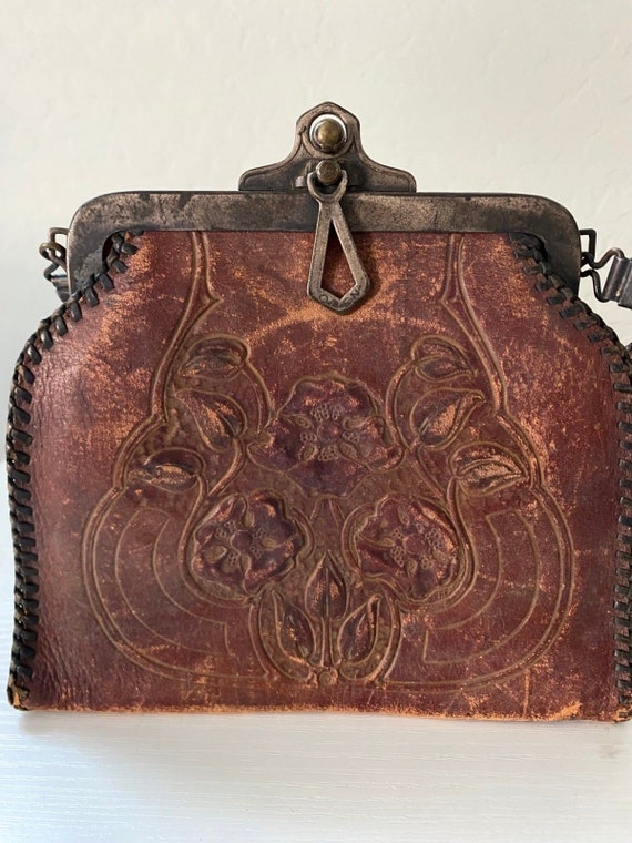 Antique Leather Hand Tooled  Nocona Bag Purse Art… - image 2