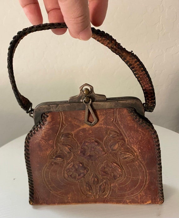 Antique Leather Hand Tooled  Nocona Bag Purse Art… - image 3