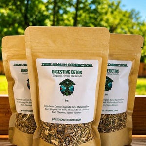 May include: Three stand-up pouches of True Health Connection Digestive Detox organic herbal tea blend. Each light brown paper bag features a white label with green text, a tree logo, and lists ingredients including Cascara Sagrada, 2 oz net weight.
