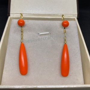 Victorian , Vintage , Drop Earring ,Orange Coral Earrings, Coral Dangle Earrings Jewelry Gift for Her, Antique Coral ,14k Yellow Gold Finish