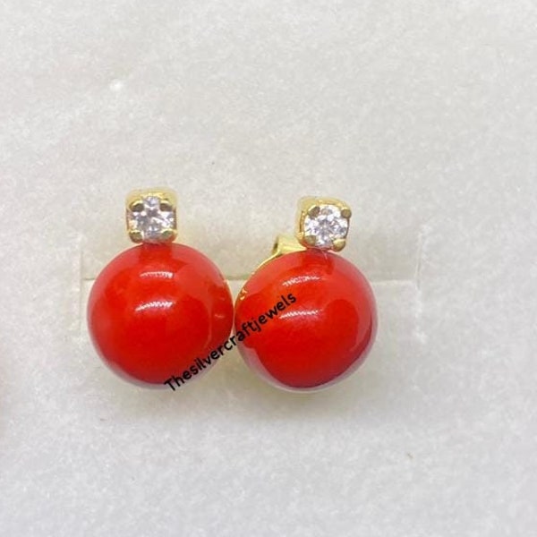 Art Deco , Victorian  , Round Earring ,Orange Coral Earrings, Handmade Earring ,Jewelry Gift for Her, Antique Coral ,14k Yellow Gold Finish