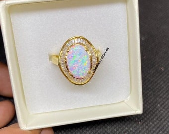 ovaler weißer Opal-Diamanten-Ehering / 14K Gelbgold-Finish, Verlobungsring, Bandring für Frauen