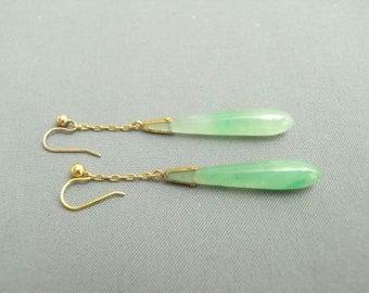 18.90 Ct Jade Long Gorgeous Art Deco Natural Green Jade Drop Earring ,14K Yellow Gold Finish ,Green Jade Earring ,Green Jade