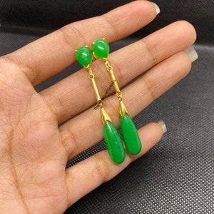Natural 23.10 Ct Jade Long Gorgeous Vintage Pierced Natural Green Jade Drop Earring ,14K Yellow Gold Finish ,Green Jade Earring ,Green Jade