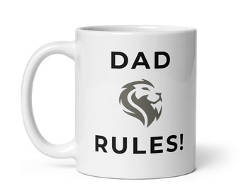 Dad Rules! Father's Day and birthday coffee mug gift for hardworking dads. Celebrate your father with this quality ceramic drinkware.