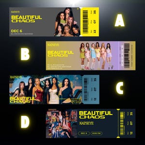 Puede incluir: Cuatro entradas de concierto con el texto "KATSEYE BEAUTIFUL CHAOS" y la fecha "DEC 6". Cada entrada presenta una imagen diferente de un grupo de mujeres. Las entradas tienen un esquema de color amarillo y negro.