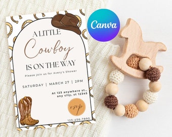 Cowboy Baby Shower Invitation Template, A Little Cowboy Baby Shower Invitation, West Baby, Rodeo Baby, Ranch, Western Baby, Canva Editable
