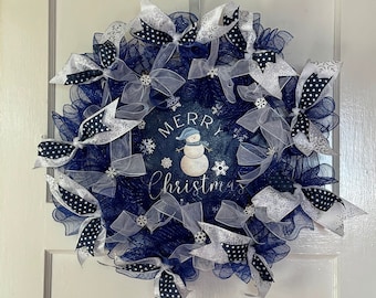 Christmas Ribbon, Mesh Wreath, Blue & White, Snowflakes, Handmade, Hand Painted Merry Christmas Sign With Snowman, 20", Farmhouse Christmas