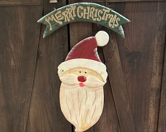 Santa Door Hanger, Santa Claus Face And Hat, Merry Christmas Wall, Door Hanging, Hand Painted Wood