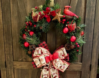 Christmas Wreath And Bow, Artificial Pine, Red Ornaments, Berries, Cardinal, Rustic Star, Farmhouse Snowman Bow, Handmade, 17" Diameter