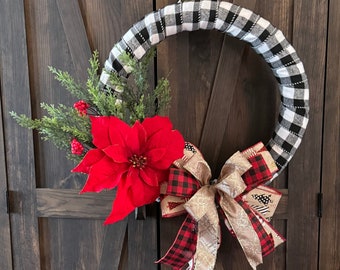 Christmas Wreath, Farmhouse Buffalo Plaid, Poinsettia, Bow, Handmade 18" Diameter