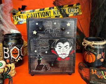 Mini commode d'Halloween avec 4 tiroirs, boîte d'Halloween de style vintage peinte à la main pour décoration, bibelots, souvenirs, bijoux, bonbons et plus