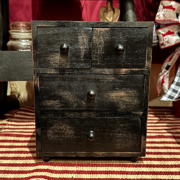 Dark Mini Dresser Cabinet with Drawers, Wood Box for Jewelry, Beads, Trinkets, Keepsake Items, Hand Painted Vintage-Style